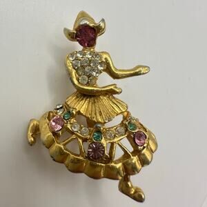 Vintage 1940s 1950s gold plated multicolor rhinestones Dutch girl lady brooch